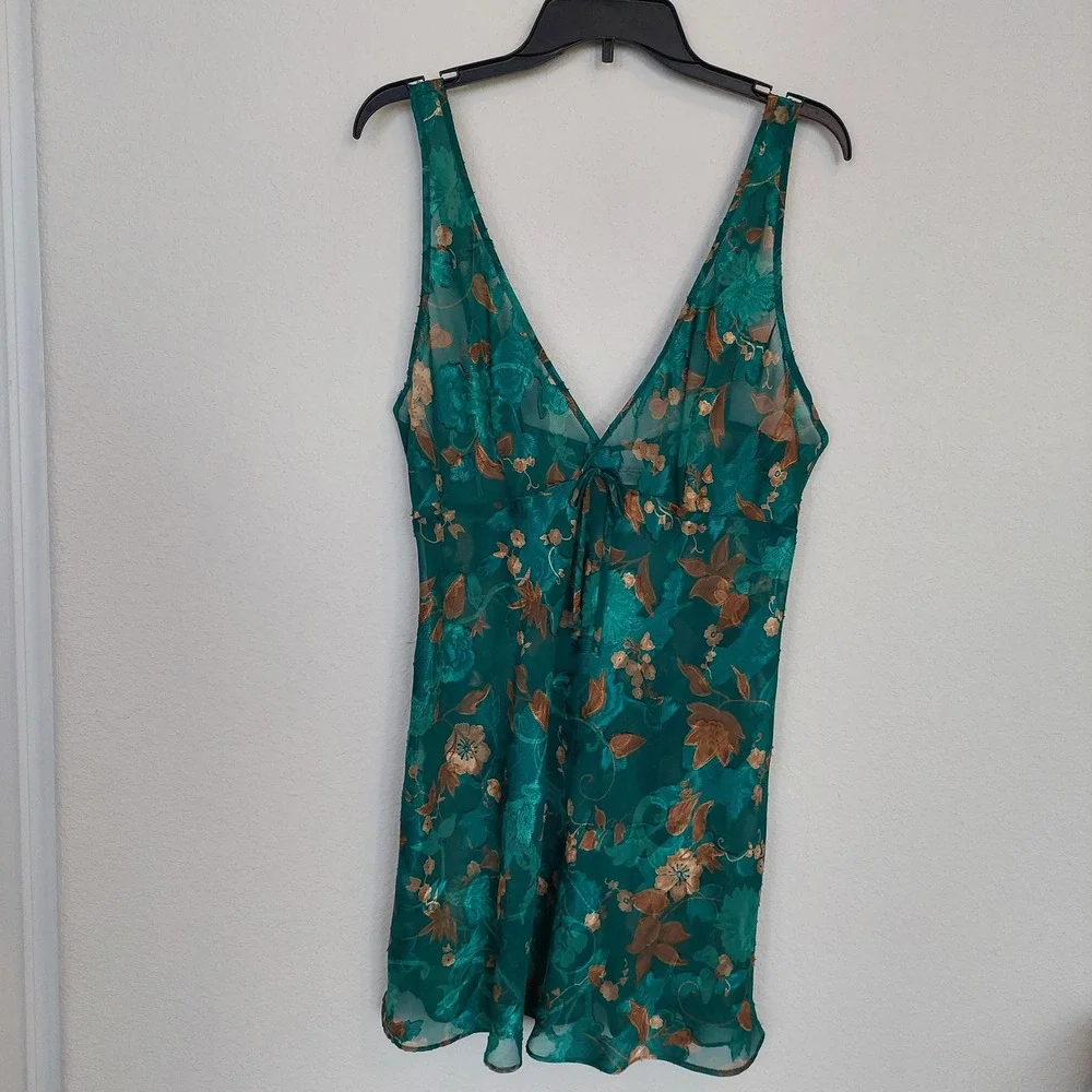Katherine Bishop Teal Floral Sheer‎ Babydoll Chemise Nightgown Large